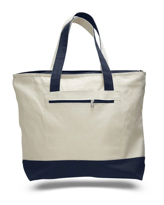 Q1300 - Canvas Zipper Tote Bag (with color handles)